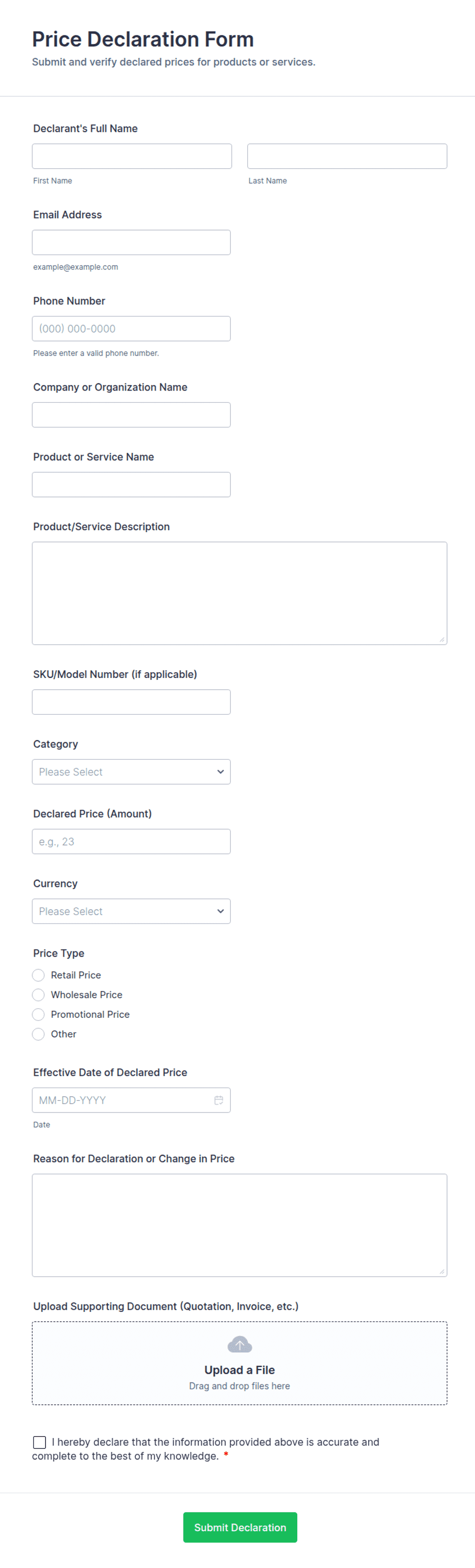 Price Declaration Form Template | Jotform
