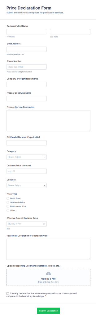 Price Declaration Form Template
