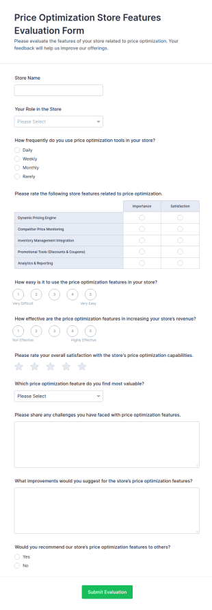 Price Optimization Store Features Evaluation Form Template