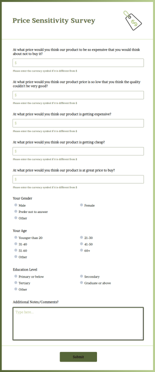 Price Sensitivity Survey Form Template