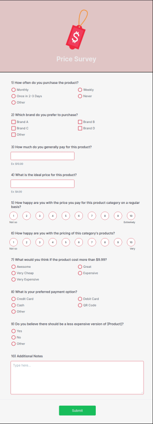 Price Survey Form Template