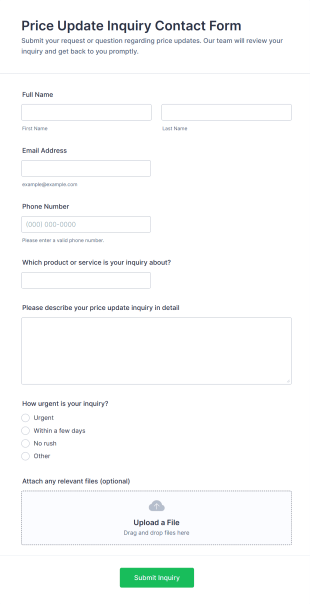 Price Update Inquiry Contact Form Template