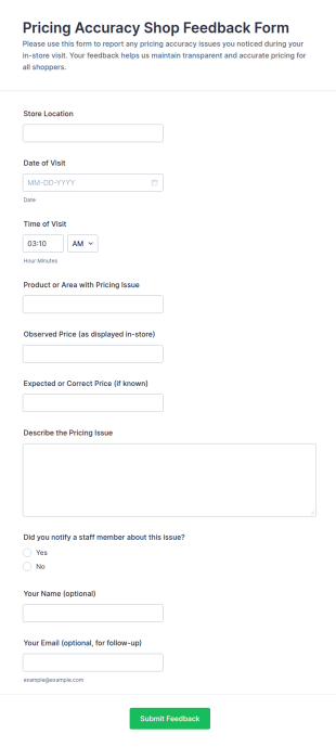 Pricing Accuracy Shop Feedback Form Template