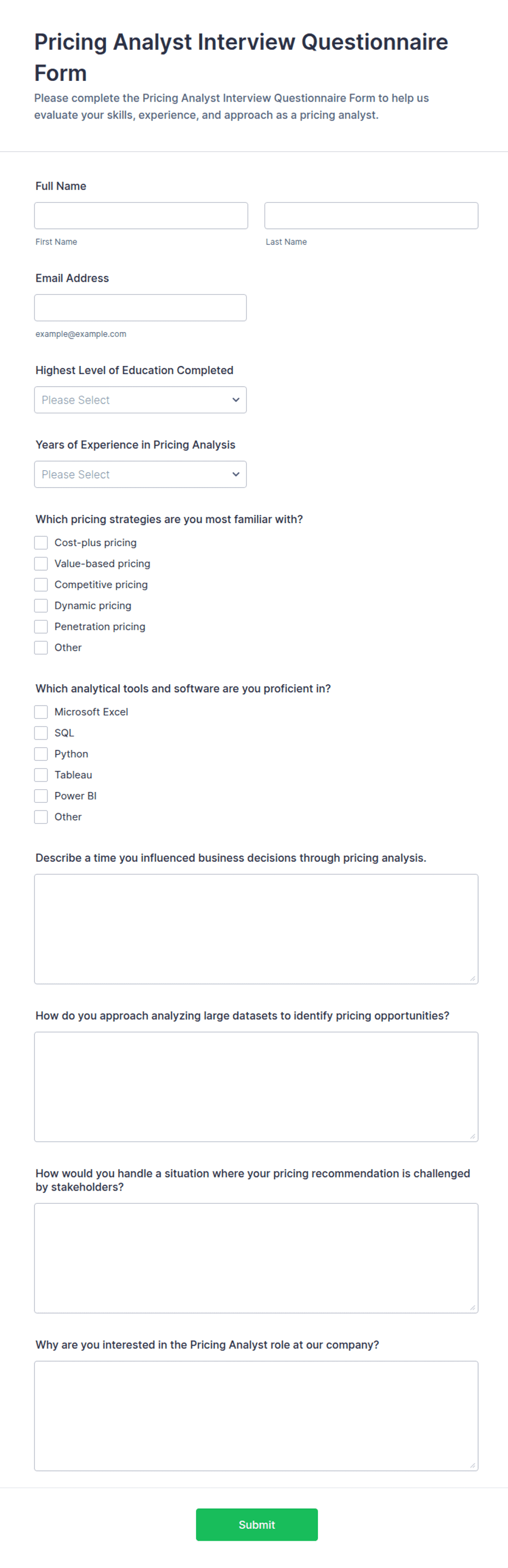 Pricing Analyst Interview Questionnaire Form Template | Jotform