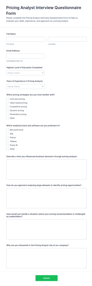 Pricing Analyst Interview Questionnaire Form Template