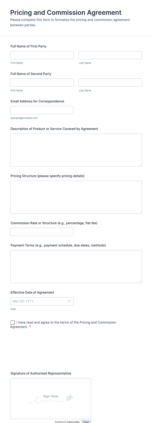 Pricing And Commission Agreement Form Template