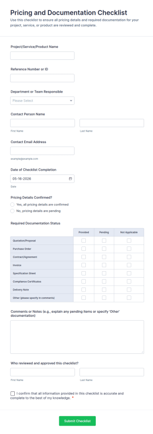 Pricing And Documentation Checklist Form Template