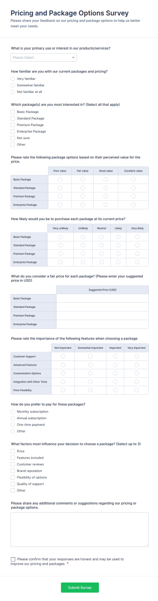 Pricing And Package Options Survey Form Template