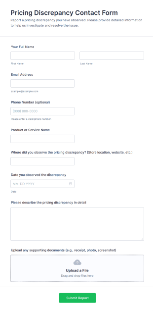 Pricing Discrepancy Contact Form Template