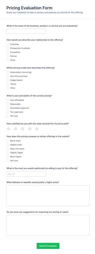 Pricing Evaluation Form Template