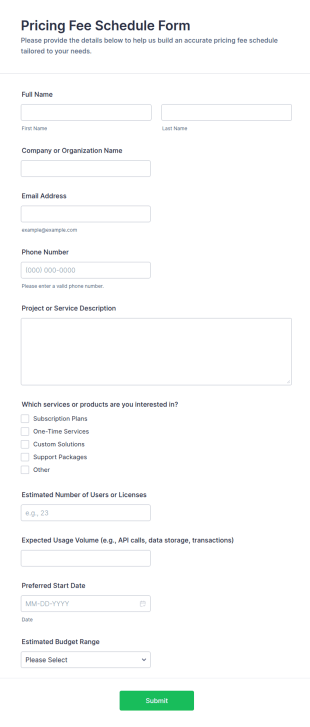 Pricing Fee Schedule Form Template