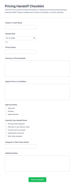 Pricing Handoff Checklist Form Template