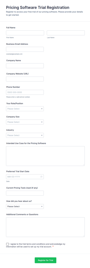 Pricing Software Trial Registration Form Template
