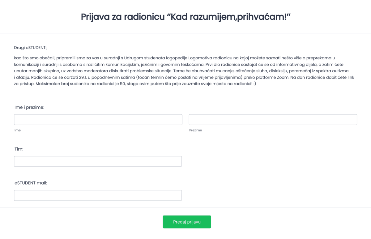 Prijava za radionicu ‘’Kad razumijem,prihvaćam!’’ Form Template | Jotform