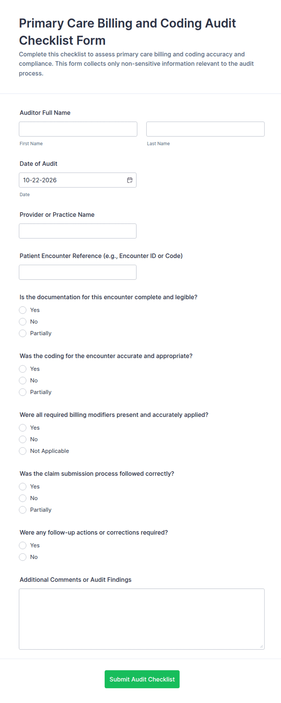 Primary Care Billing and Coding Audit Checklist Form Template | Jotform