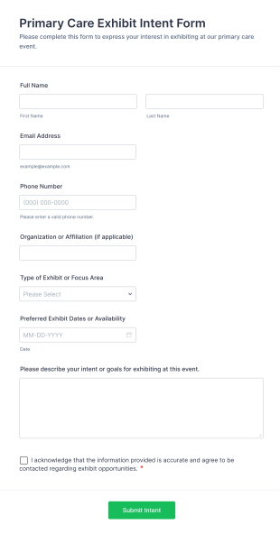 Primary Care Exhibit Intent Form Template