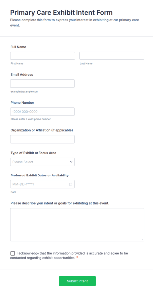 Primary Care Exhibit Intent Form Template
