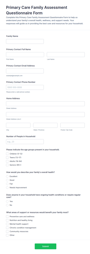 Primary Care Family Assessment Questionnaire Form Template