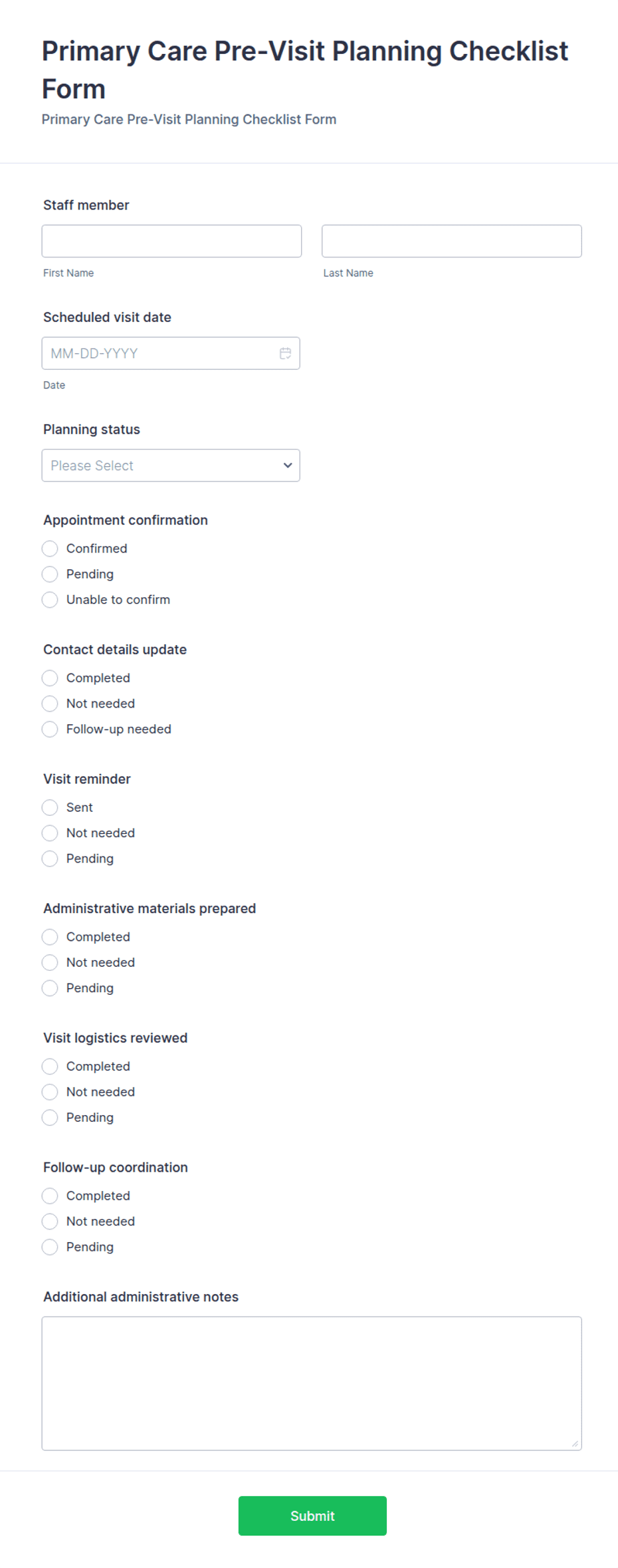 Primary Care Pre-Visit Planning Checklist Form Template | Jotform