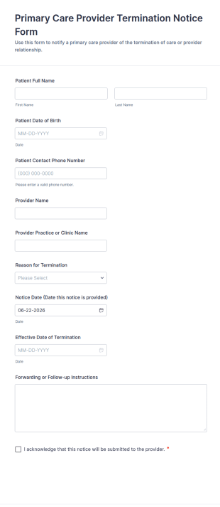 Primary Care Provider Termination Notice Form Template