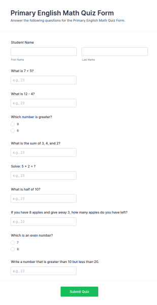 Primary English Math Quiz Form Template