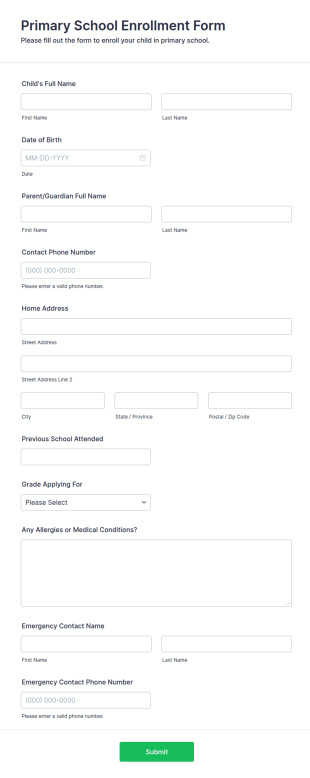 Primary School Enrollment Form Template