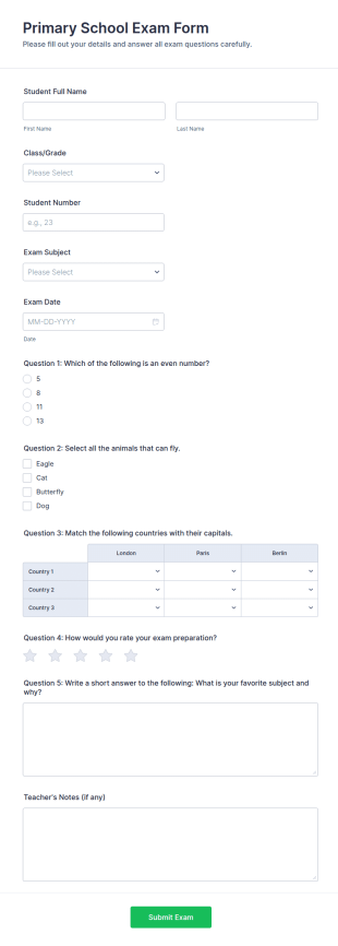 Primary School Exam Form Template