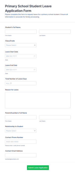 Primary School Student Leave Application Form Template