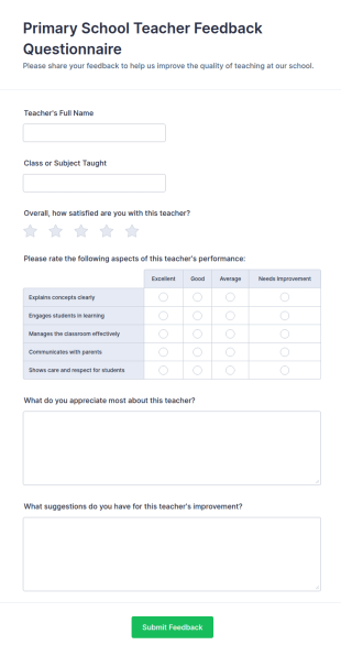 Primary School Teacher Feedback Questionnaire Form Template