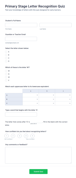 Primary Stage Letter Recognition Quiz Form Template