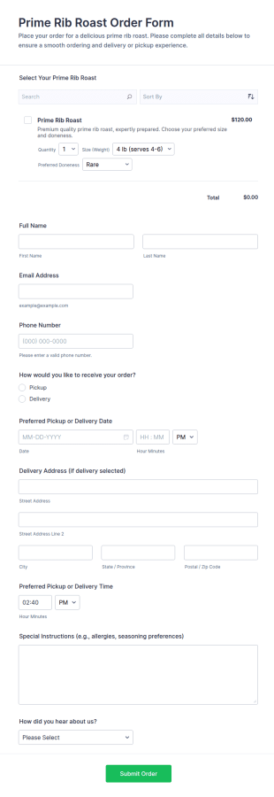 Prime Rib Roast Order Form Template