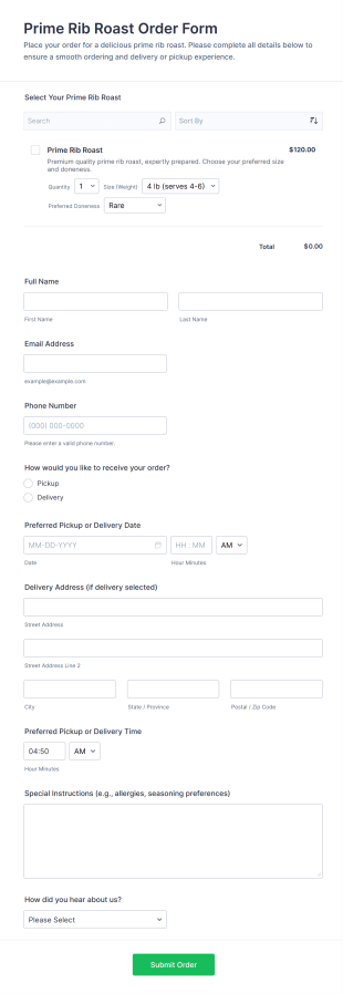Prime Rib Roast Order Form Template