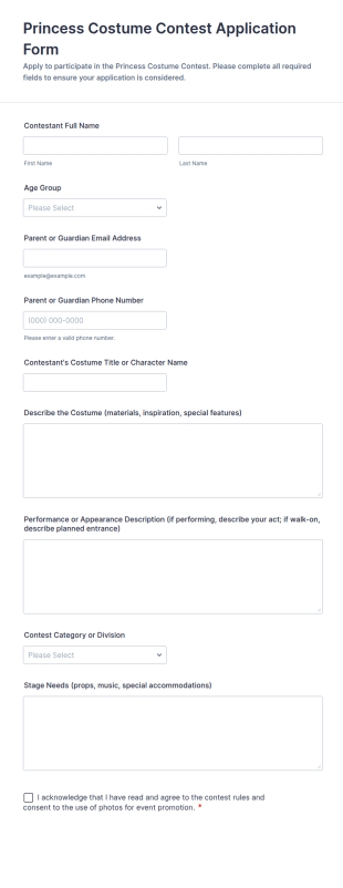 Princess Costume Contest Application Form Template