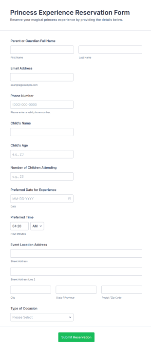 Princess Experience Reservation Form Template