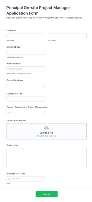 Principal On Site Project Manager Application Form Template