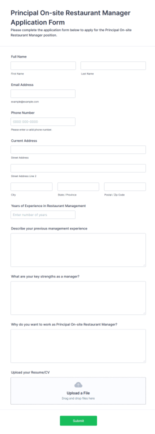 Principal On Site Restaurant Manager Application Form Template