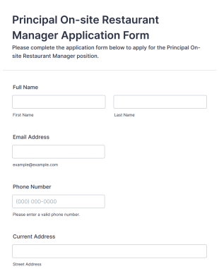 Principal On Site Restaurant Manager Application Form Form Template