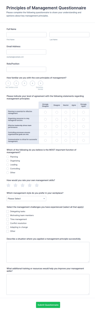 Principles Of Management Questionnaire Form Template