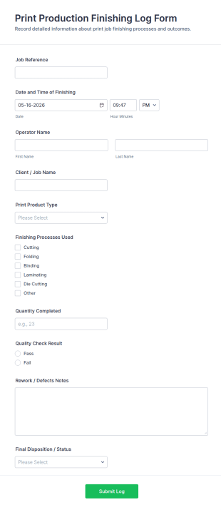 Print Production Finishing Log Form Template