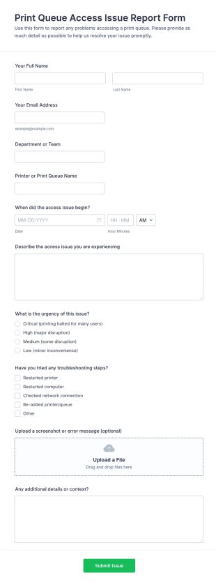 Print Queue Access Issue Report Form Template