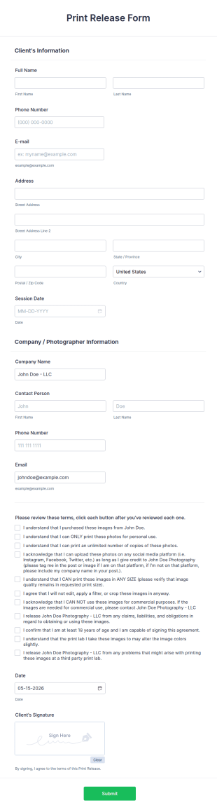 Print Release Form Template