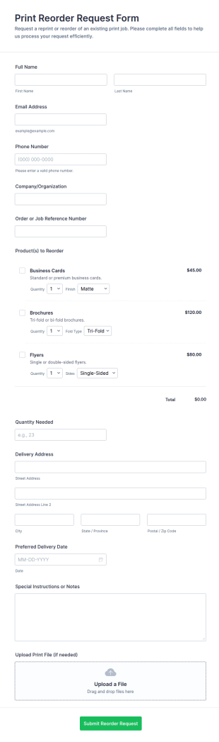 Print Reorder Request Form Template