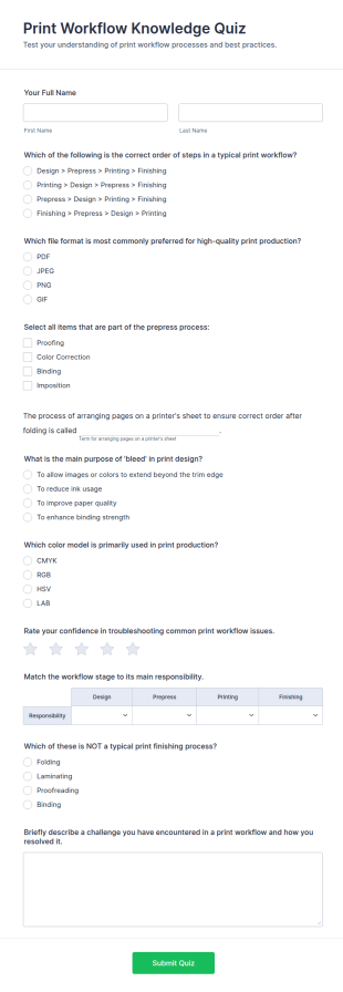 Print Workflow Knowledge Quiz Form Template