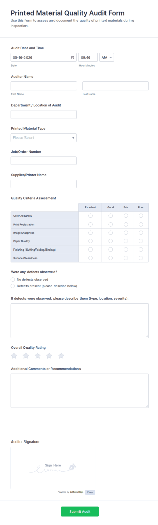 Printed Material Quality Audit Form Template
