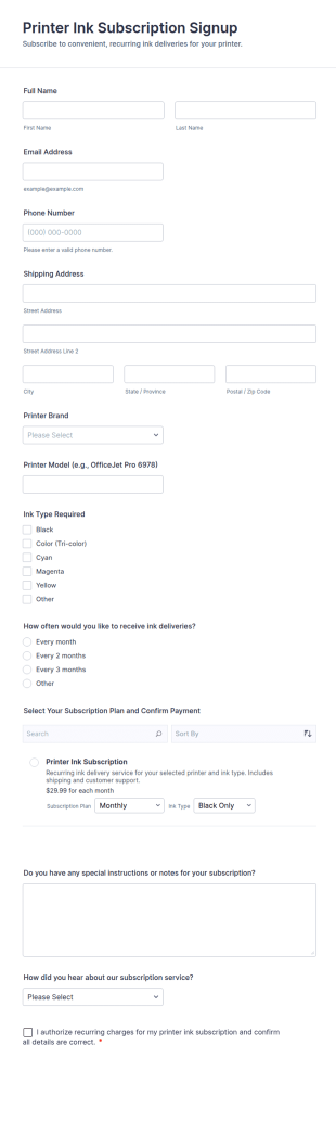 Printer Ink Subscription Signup Form Template