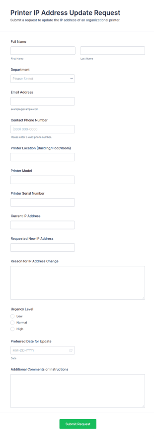 Printer IP Address Update Request Form Template
