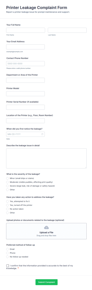 Printer Leakage Complaint Form Template