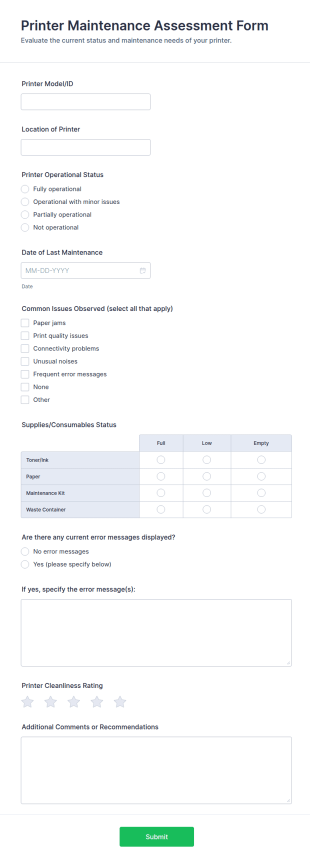 Printer Maintenance Assessment Form Template