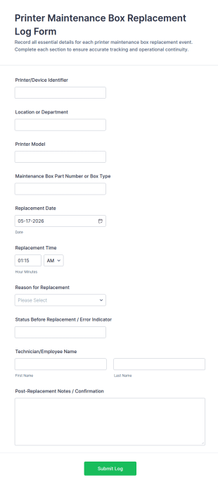 Printer Maintenance Box Replacement Log Form Template