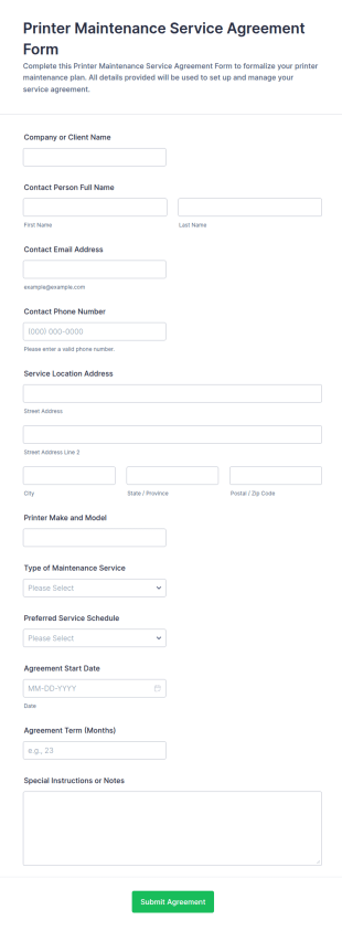 Printer Maintenance Service Agreement Form Template
